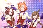  3girls admire_vega_(umamusume) ahoge blush breasts brown_hair choker common_race_outfit_(umamusume) confetti cropped_jacket flat_chest hair_ornament hand_on_hip highres jacket large_breasts long_hair looking_at_viewer meisho_doto_(umamusume) multicolored_hair multiple_girls nanaheibei_3 navel one_eye_closed open_mouth orange_hair outstretched_arm short_hair t.m._opera_o_(umamusume) two-tone_hair umamusume upper_body very_long_hair violet_eyes white_hair white_jacket wristband 