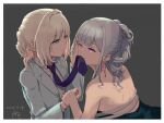  2girls ak-12_(girls&#039;_frontline) ak-12_(quiet_azure)_(girls&#039;_frontline) alternate_costume an-94_(girls&#039;_frontline) aqua_dress aqua_eyes aqua_jacket bangs blazer blonde_hair blue_necktie closed_mouth dated dress earrings eyebrows_visible_through_hair girls_frontline hair_ornament hand_grab hand_in_hair jacket jewelry long_hair looking_at_another mouth_hold multiple_girls necktie official_alternate_costume purinmeow shirt silver_hair simple_background smile upper_body violet_eyes white_shirt yuri 