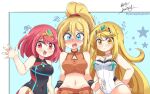  absurdres bangs black_swimsuit blonde_hair breasts chest_jewel competition_swimsuit crossover gem headpiece highres large_breasts metroid mythra_(radiant_beach)_(xenoblade) mythra_(xenoblade) one-piece_swimsuit pyra_(pro_swimmer)_(xenoblade) pyra_(xenoblade) red_swimsuit redhead ribbed_swimsuit samus_aran strapless strapless_swimsuit striped striped_swimsuit swept_bangs swimsuit tiara two-tone_swimsuit vertical-striped_swimsuit vertical_stripes white_swimsuit xenoblade_chronicles_(series) xenoblade_chronicles_2 yamagiwajustin 