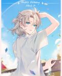  0jae 1boy albedo_(genshin_impact) bangs bird birthday character_name day feathers genshin_impact grey_hair hair_between_eyes happy_birthday head_tilt heart highres leaf looking_at_viewer male_focus outdoors parted_lips shirt short_sleeves signature sky solo tree upper_body white_shirt 