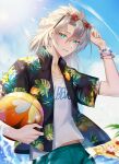  &gt;_&lt; 0jae 1boy 1girl absurdres albedo_(genshin_impact) alternate_costume aqua_eyes artist_name ball bangs beachball blonde_hair closed_eyes clothes_writing day ear_piercing eyewear_on_head genshin_impact grey_hair hair_between_eyes hawaiian_shirt highres holding holding_ball innertube klee_(genshin_impact) open_mouth outdoors parted_lips piercing scar scar_on_neck shirt sky sparkle sunglasses sunlight water watermark 