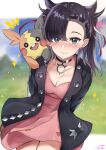  1girl aqua_eyes artist_request asymmetrical_bangs asymmetrical_hair bangs black_choker black_hair blush choker dress earrings hair_ribbon jacket jewelry long_hair marnie_(pokemon) medium_hair morpeko morpeko_(full) non-web_source pink_dress pokemon pokemon_(game) pokemon_swsh ribbon smile source_request twintails undercut 