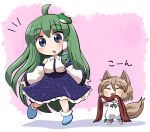  2girls ahoge animal_ears bare_shoulders barefoot blue_eyes blue_footwear blue_skirt blush boots closed_eyes detached_sleeves eyebrows_visible_through_hair fox_ears fox_tail frog_hair_ornament green_hair green_ribbon hair_between_eyes hair_ornament holding holding_clothes holding_scarf japanese_clothes kochiya_sanae kudamaki_tsukasa light_brown_hair long_hair multiple_girls nontraditional_miko open_mouth red_scarf ribbon rokugou_daisuke romper scarf short_hair signature skirt smile tail touhou translated wide_sleeves 