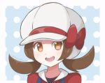  1girl border bow brown_eyes brown_hair cabbie_hat chocomiru happy hat lowres lyra_(pokemon) pokemon pokemon_(game) pokemon_hgss polka_dot polka_dot_background red_bow short_hair smile solo twintails upper_body white_border 