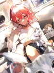  1girl absurdres animal brown_choker cat cat_day choker closed_mouth highres holding holding_animal holding_cat jacket long_sleeves one_eye_closed original red_eyes redhead shirt short_hair signature sitting smile solo tomochi_(tmc_tmc8) white_jacket white_shirt 