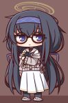  1girl :&lt; bangs black-framed_eyewear black_hair black_legwear blue_archive blue_eyes blue_hairband blue_ribbon blush book brown_background chibi closed_mouth commentary_request eyebrows_visible_through_hair glasses grey_footwear grey_jacket hair_between_eyes hair_ribbon hairband halo hana_kazari highres jacket long_hair long_sleeves looking_at_viewer low_twintails object_hug off_shoulder pantyhose pleated_skirt revision ribbon round_eyewear sailor_collar shirt shoes skirt solo twintails two-tone_background ui_(blue_archive) very_long_hair white_sailor_collar white_shirt white_skirt 