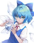  1girl bangs blue_bow blue_dress blue_eyes blue_hair blue_nails blurry blurry_background bow breasts cirno closed_mouth depth_of_field dress eyebrows_visible_through_hair from_above hair_between_eyes hair_bow hands_up highres holding ice ice_wings kabu_(niniko2ko) light_blush looking_at_viewer nail_polish neck_ribbon pinafore_dress puffy_short_sleeves puffy_sleeves red_ribbon ribbon serious short_hair short_sleeves simple_background small_breasts solo touhou upper_body v-shaped_eyebrows white_background wing_collar wings 