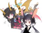  1boy 1girl ? androgynous animal_ears black_eyes black_hair dragon_boy dragon_horns dragon_tail dragon_wings gradient_hair grey_hair hand_on_own_chin heterochromia horns leeee_ro looking_at_another lord_of_heroes mei_ling_qiao multicolored_hair nine_(lord_of_heroes) otoko_no_ko pale_skin pink_eyes pointy_ears rabbit_ears rabbit_girl red_eyes tail twintails wings 