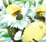  colored_sclera day food fruit holding holding_food holding_fruit leaf no_humans nyala_(nyala_766) open_mouth orange_eyes outdoors passimian pokemon pokemon_(creature) smile yellow_sclera 