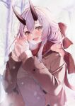  1girl absurdres bangs beige_sweater black_horns bow breasts brown_coat coat fate/grand_order fate_(series) felnemo hair_between_eyes hair_bow highres horns large_breasts long_hair long_sleeves looking_at_viewer oni_horns open_clothes open_coat open_mouth red_bow red_eyes red_scarf ribbed_sweater scarf sidelocks silver_hair smile snowflakes solo sweater tomoe_gozen_(fate) 