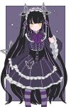  1girl absurdres alternate_costume bangs black_corset black_hair blunt_bangs blush border bow bowtie breasts closed_mouth commentary_request corset demon_girl demon_horns demon_tail dress eyebrows_visible_through_hair feet_out_of_frame frilled_dress frilled_hairband frilled_sleeves frills fukahire234 grey_dress hairband highres horns kojo_anna long_hair long_sleeves looking_at_viewer medium_breasts multicolored_hair outside_border pink_hair pink_hairband pointy_ears purple_background purple_bow purple_bowtie purple_legwear smile solo sparkle striped striped_legwear sugar_lyric tail two-tone_hair two_side_up very_long_hair virtual_youtuber white_border yellow_eyes 
