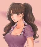  1girl breasts brown_hair charlotte_pudding hidden_eyes highres huge_breats lipstick long_hair looking_at_viewer makeup one_piece senasky short_sleeves solo wavy_hair 