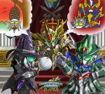  arthur_gundam_mk-iii blue_cape blue_eyes cape colored_sclera green_sclera gundam highres holding holding_weapon knight_strike_gundam looking_at_viewer mecha no_humans official_art open_hand robin_hood_gundam_age-2 sd_gundam sd_gundam_world_heroes sd_gundam_world_heroes_the_legend_of_dragon_knight solo standing tsushima_naoto v-fin warlock_aegis_gundam weapon 