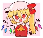  1girl arms_behind_back ascot blonde_hair blush border bow chibi cropped_torso crystal eyebrows_visible_through_hair fang flandre_scarlet hair_between_eyes hair_bow hat highres mob_cap one_side_up op_na_yarou open_mouth outside_border pink_background red_bow red_eyes red_vest short_hair simple_background smile solo touhou upper_body v-shaped_eyebrows vest white_border wings yellow_ascot 