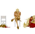  1girl 2boys araragi_koyomi backless_dress backless_outfit bakemonogatari black_hair black_ribbon blonde_hair blood blood_on_clothes chair closed_eyes covering_face cross crying death dress elbow_gloves envelope fangs feet fingerless_gloves gloves hair_ribbon hawaiian_shirt highres inverted_cross inverted_cross_earrings inverted_cross_necklace kiss-shot_acerola-orion_heart-under-blade kneeling long_hair monogatari_(series) multiple_boys open_clothes open_shirt oshino_meme panyasan_777 pink_shirt platform_footwear red_dress ribbon sandals shirt short_hair shorts sitting spiky_hair toes torn_clothes torn_legwear very_long_hair white_background 