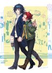  2boys ar_(rikuesuto) bangs black_hair blue_eyes boots brown_hair bubble_tea butterfly_hair_ornament checkered_haori closed_eyes closed_mouth coffee_cup cup disposable_cup earrings hair_ornament holding hood hoodie jacket jewelry kamado_tanjirou kimetsu_no_yaiba long_hair long_sleeves male_focus multicolored_hair multiple_boys open_mouth pants ponytail scar scar_on_face scar_on_forehead short_hair smile tomioka_giyuu 