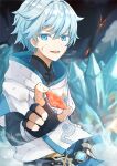  1boy blood blood_on_face chinese_clothes chongyun_(genshin_impact) commentary_request eyebrows_visible_through_hair genshin_impact giving hair_between_eyes highres holding light_blue_eyes light_blue_hair looking_at_viewer male_focus scar scar_on_face short_hair smile solo woda 