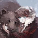  1girl animal_ears arknights armband bear bear_ears black_collar black_shirt blue_eyes brown_coat brown_hair chinese_commentary closed_mouth coat collar eyebrows_visible_through_hair fur-trimmed_hood fur_trim glaring highres hood hooded_coat looking_at_viewer medium_hair multicolored_hair neckerchief ningjiu_9 red_neckerchief redhead sailor_collar school_uniform serafuku shirt snowing solo streaked_hair two-tone_hair upper_body v-shaped_eyebrows wind zima_(arknights) 