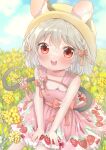  1girl :d \||/ absurdres animal_ear_fluff animal_ears ashino_chimado bangs bare_shoulders blush bow breasts clouds collarbone daisy day dress eyebrows_visible_through_hair feet_out_of_frame field fingernails flower flower_field flower_request food_print frills grey_hair hair_bow hair_flower hair_ornament happy highres looking_at_viewer mouse_ears mouse_tail nazrin open_mouth outdoors pink_bow pink_dress red_eyes round_teeth short_hair sleeveless sleeveless_dress small_breasts smile solo strawberry_print tail tail_bow tail_ornament teeth touhou upper_teeth v_arms white_flower yellow_flower 