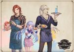  1girl 2boys apron bangs beads black_jacket black_pants blue_apron blue_eyes blue_hair blue_shirt blue_shorts cassius_(granblue_fantasy) closed_mouth cocktail collarbone collared_shirt company_name copyright cup drinking_glass earrings english_text food framed granblue_fantasy grey_hair grey_pants hair_beads hair_intakes hair_ornament hairclip holding holding_cup holding_plate ice_cream jacket jewelry lily_(granblue_fantasy) long_hair long_sleeves looking_at_viewer multiple_boys neck_ribbon necktie official_art open_mouth paint_splatter pants percival_(granblue_fantasy) pie_slice pink_apron plate pointy_ears ponytail red_eyes ribbon shirt shorts sleeves_rolled_up smile standing striped striped_jacket sundae sushi sweater twintails v-neck waist_apron wristband 
