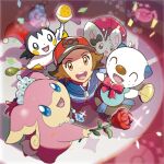  1boy :d absurdres audino black_shirt blue_jacket blurry brown_eyes brown_hair commentary_request confetti emolga flower from_above hat hatted_pokemon highres hilbert_(pokemon) holding holding_flower jacket looking_at_viewer male_focus minccino official_art open_mouth oshawott poke_ball_print pokemon pokemon_(creature) pokemon_(game) pokemon_bw red_flower red_headwear shirt shoes short_hair smile sparkle teeth tiara tongue upper_teeth zipper_pull_tab 