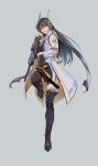  1girl black_hair blue_eyes boots fram_berge gloves gun hair_ornament holding holding_weapon long_hair looking_to_the_side lord_of_heroes machamyo pale_skin pointy_ears rifle thigh-highs thigh_boots weapon 