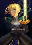  1girl ahoge armor armored_boots armored_dress artoria_pendragon_(all) bangs blonde_hair blue_dress blue_ribbon boots braid breastplate breasts closed_mouth commentary_request dowal dress excalibur fate/stay_night fate_(series) full_body gauntlets green_eyes grey_footwear hair_ribbon highres holding holding_sword holding_weapon juliet_sleeves long_dress long_sleeves looking_at_viewer puffy_sleeves ribbon saber short_hair simple_background solo standing sword weapon 