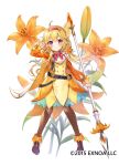  1girl 2015 ahoge blonde_hair blush brown_legwear commentary_request dress flower flower_knight_girl full_body hair_ornament hairband highres holding holding_polearm holding_weapon long_hair long_sleeves orange_dress pantyhose piyoyanagi polearm red_eyes simple_background smile solo spear standing striped striped_legwear sukashiyuri_(flower_knight_girl) tachi-e twintails w weapon white_background 