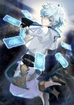  1boy chinese_clothes chongyun_(genshin_impact) commentary_request eyebrows_visible_through_hair genshin_impact hair_between_eyes highres holding light_blue_eyes light_blue_hair looking_at_viewer male_focus shoes short_hair simple_background woda 