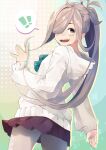  ! !! 1girl absurdres asashimo_(kancolle) blush cowboy_shot grey_eyes grey_legwear hair_over_one_eye highres hood hoodie kantai_collection long_hair long_sleeves open_mouth pantyhose pleated_skirt purple_skirt sharp_teeth silver_hair skirt smile solo spoken_exclamation_mark taisho_(gumiyuki) teeth white_hoodie 