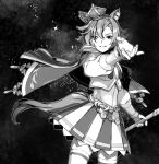  1girl animal_ears bangs cane cape cowboy_shot crown greyscale highres holding holding_cane horse_ears horse_girl horse_tail long_sleeves looking_at_viewer mini_crown monochrome nanaheibei_3 reaching_out shirt short_hair skirt smile solo standing t.m._opera_o_(umamusume) tail thigh-highs umamusume 