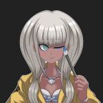  1girl absurdres bikini black_background bracelet danganronpa_(series) danganronpa_v3:_killing_harmony dark_skin frilled_bikini frills highres jacket jewelry necklace one_eye_closed paintbrush shell_necklace smile solo swimsuit tan twintails white_hair yellow_jacket yonaga_angie 