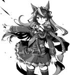  1girl animal_ears bangs belt breasts cape closed_mouth coat cowboy_shot epaulettes gloves greyscale highres horse_ears horse_girl horse_tail jabot long_hair long_sleeves looking_at_viewer medium_breasts monochrome nanaheibei_3 outstretched_arms petticoat single_epaulette smile solo symboli_rudolf_(umamusume) tail thigh-highs umamusume 
