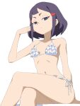  1girl arm_support armpits asymmetrical_bangs avery_(little_witch_academia) bangs bare_shoulders bikini blunt_bangs breasts closed_mouth collarbone crossed_legs expressionless feet_out_of_frame frilled_bikini frills hair_ornament hairclip halterneck hand_on_own_face hand_up little_witch_academia looking_at_viewer medium_hair navel no_pupils purple_hair satochi short_bangs short_eyebrows side-tie_bikini sidelocks simple_background sitting small_breasts solo swimsuit violet_eyes white_background white_bikini 