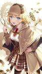  1girl :d bangs blonde_hair blue_eyes breasts brown_coat brown_headwear brown_skirt buguma coat collared_shirt cowboy_shot eyebrows_visible_through_hair hair_ornament hand_on_hip high-waist_skirt highres holding holding_magnifying_glass hololive hololive_english large_breasts looking_at_viewer magnifying_glass necktie red_necktie shirt short_hair skirt smile solo thigh-highs trench_coat twitter_username virtual_youtuber watch watson_amelia white_shirt 