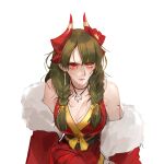  1girl braid breasts crying dragon_girl dragon_horns earrings green_hair highres horns jewelry lairei_yen lairei_yen_(fire) large_breasts looking_at_viewer looking_up lord_of_heroes mangta necklace pale_skin pointy_ears red_eyes tearing_up 