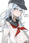  1girl anchor_symbol bangs black_headwear black_sailor_collar closed_mouth flat_cap grey_eyes hair_between_eyes hat hibiki_(kancolle) highres kantai_collection long_hair neckerchief one-hour_drawing_challenge red_neckerchief sailor_collar school_uniform serafuku silver_hair simple_background solo toramaru_q white_background 