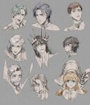  2girls 6+boys androgynous bishounen black_hair blue_eyes braid brown_eyes brown_hair charles_iii_(lord_of_heroes) charlotte_grace crown elf greyscale headshot helga_schmitt krom_ledios laphlaes_selkena long_hair looking_at_viewer looking_to_the_side lord_of_heroes lucilicca_la-elaya machamyo monochrome monocle multiple_boys multiple_girls nine_(lord_of_heroes) pale_skin pink_eyes pointy_ears scar scar_on_face zaira_(lord_of_heroes) 