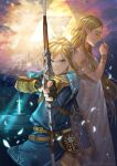  1boy 1girl arrow_(projectile) blonde_hair bow_(weapon) commentary_request crossbow drawing_bow english_commentary gloves green_eyes holding holding_bow_(weapon) holding_weapon karanashi_mari link long_hair looking_at_viewer master_sword mixed-language_commentary pointy_ears princess_zelda short_hair the_legend_of_zelda the_legend_of_zelda:_breath_of_the_wild the_legend_of_zelda:_breath_of_the_wild_2 triforce weapon 