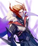  0jae 1boy absurdres armor blue_eyes cape closed_mouth electricity genshin_impact highres looking_at_viewer male_focus mask orange_hair red_mask serious simple_background solo spiky_hair tartaglia_(genshin_impact) upper_body v-shaped_eyebrows watermark white_background 