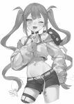  1girl ;) absurdres bangs bibi_(tokoyami_towa) black_choker black_shorts blush choker cowboy_shot cropped_jacket demon_tail eyebrows_visible_through_hair greyscale hair_ornament hairclip hand_up highres hololive index_finger_raised jacket long_hair long_sleeves looking_at_viewer midriff monochrome mr.lime nail_polish navel_piercing one_eye_closed piercing short_shorts shorts sidelocks simple_background sketch smile solo standing tail tail_ornament tail_piercing thigh_strap tokoyami_towa twintails unfinished very_long_hair virtual_youtuber white_background 