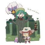  1boy 1girl bebe_0620 black_footwear blush_stickers boots border bright_pupils brown_eyes brown_hair brown_mittens closed_mouth commentary_request day eyelashes fur_hat goomy grass green_eyes green_hair green_headwear hat hide_and_seek hisuian_braviary jacket kleavor lian_(pokemon) long_hair long_sleeves outdoors pokemon pokemon_(creature) pokemon_(game) pokemon_legends:_arceus sabi_(pokemon) short_hair smile standing tree twintails white_border white_pupils 