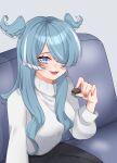  1girl alternate_costume black_pants blue_hair breasts couch don_(donnnn178) elira_pendora fangs food grey_sweater hair_over_one_eye head_wings highres holding holding_food long_hair looking_at_viewer macaron medium_breasts multicolored_hair nijisanji nijisanji_en one_eye_covered pants sitting smile solo streaked_hair sweater virtual_youtuber white_hair 