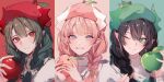  3girls apple black_hair blue_eyes dongbaegsi dragon_girl dragon_horns food fruit green_eyes green_hair hat highres horns lairei_yen lairei_yen_(earth) lairei_yen_(fire) lairei_yen_(light) looking_at_viewer lord_of_heroes multiple_girls one_eye_closed pale_skin pink_hair pointy_ears red_eyes red_horns white_horns 