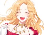  1girl blonde_hair blush closed_eyes crying h23srpnddnpuwws holding_hands jewelry long_hair lord_of_heroes lumie_miratisa lumie_miratisa_(fire) necklace pale_skin pov pov_hands red_shirt shirt smile 