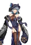  1girl :d absurdres aishendejian azur_lane bare_shoulders black_legwear blue_eyes breasts cheshire_(azur_lane) cheshire_(cait_sith_crooner)_(azur_lane) china_dress chinese_clothes dress elbow_gloves feather_boa fedora flower gloves grey_hair hand_on_hip hat hat_flower highres large_breasts official_alternate_costume one_eye_closed purple_dress purple_gloves purple_headwear smile solo thigh-highs white_background 