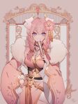  1girl blue_eyes braid breasts dongbaegsi dragon_girl dragon_horns flower hair_flower hair_ornament highres horns lairei_yen lairei_yen_(light) large_breasts long_hair looking_at_viewer lord_of_heroes pale_skin pink_hair solo twin_braids white_horns 