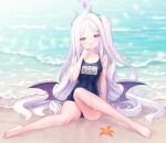  1girl :d ahoge bare_arms bare_legs barefoot beach black_swimsuit blue_archive blush character_name collarbone full_body hair_intakes hair_ornament hairclip highres hina_(blue_archive) long_hair looking_at_viewer low_wings nishiki_koi outdoors purple_wings school_swimsuit silver_hair sitting smile solo sparkle starfish summer swimsuit very_long_hair violet_eyes wings 