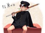  1boy aqua_eyes bandaid bandaid_on_face bare_legs bokken brown_hair gakuran holding holding_weapon looking_at_viewer male_focus original school_uniform short_hair short_shorts shorts solo sword weapon wooden_sword yowaifish 