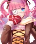  1girl abc03219 bangs blue_eyes blunt_bangs box brown_coat character_request closed_mouth coat eyebrows_visible_through_hair eyepatch heart heart-shaped_box heart-shaped_pupils highres holding holding_box long_hair looking_at_viewer open_clothes open_coat pink_hair shiny shiny_hair sleeves_past_fingers sleeves_past_wrists smile solo symbol-shaped_pupils tokyo_necro twintails upper_body 